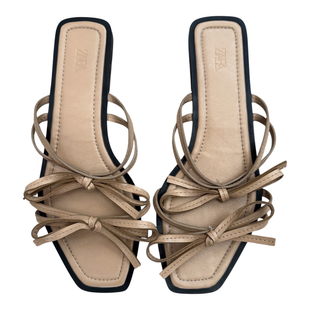 Zara Beige Strappy Bow Flat Sandals Square Toe Slides Tan 2647/310/002 Size 36